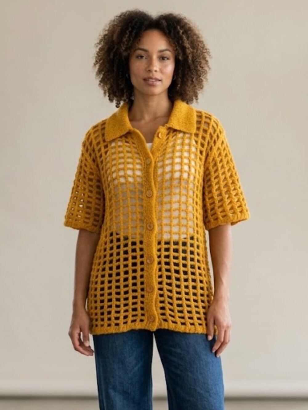 BDG Crochet Shirt L Open Knit Button Yellow Collared Short Sleeve Boho Festival